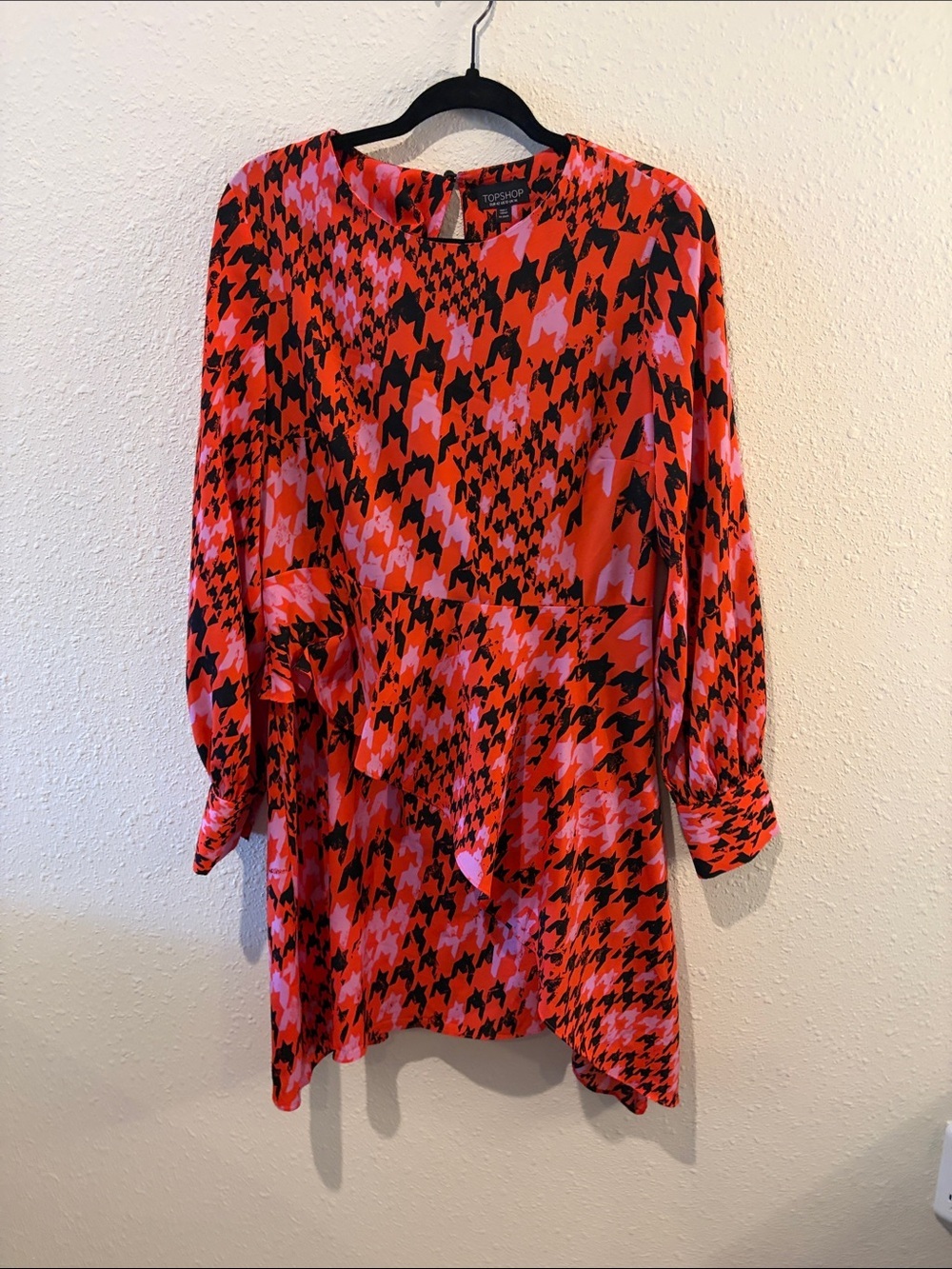 Topshop Red and Pink Houndstooth Long Sleeve Mini Dress
